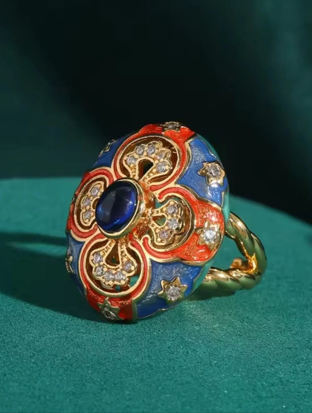 18k Gold Plated Oversized Cut Out Maltese Cross Enamel Sapphire Cabochon Ring